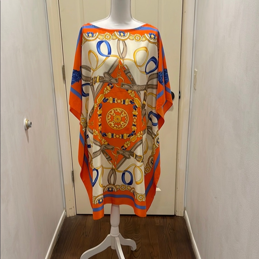 Orange and Blue Resort Midi Dress with Dolman Sleeves